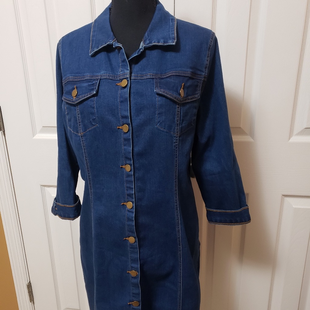 Allegra K Women's 3/4 Sleeve Button Down Denim Shirt Dress